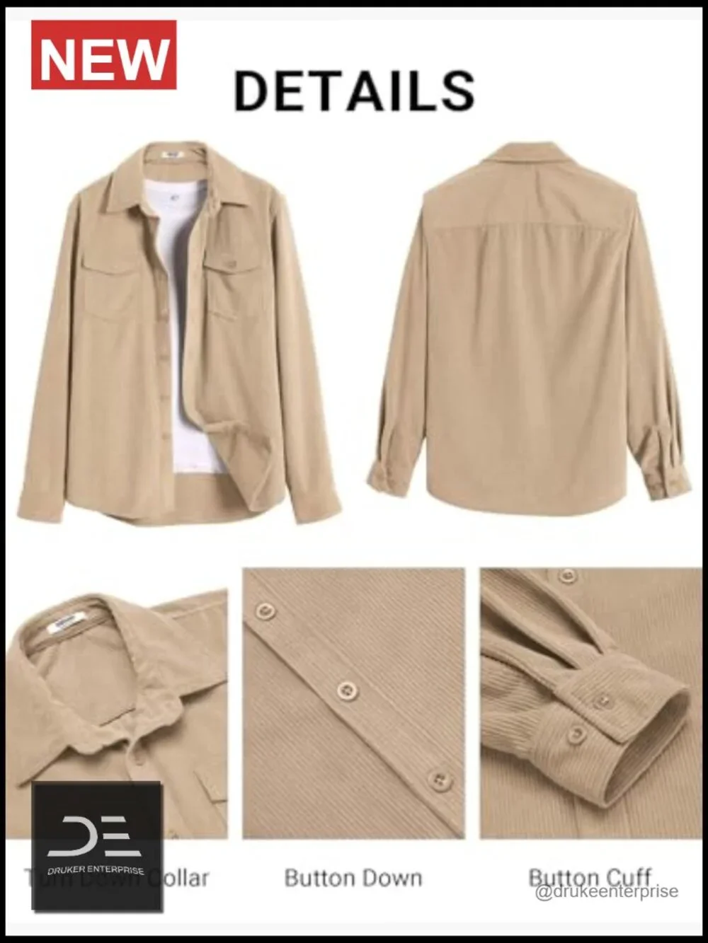 Corduroy Button Down Shirt Jacket Lightweight Overshirt with Flap Pockets - Picture 5 of 7